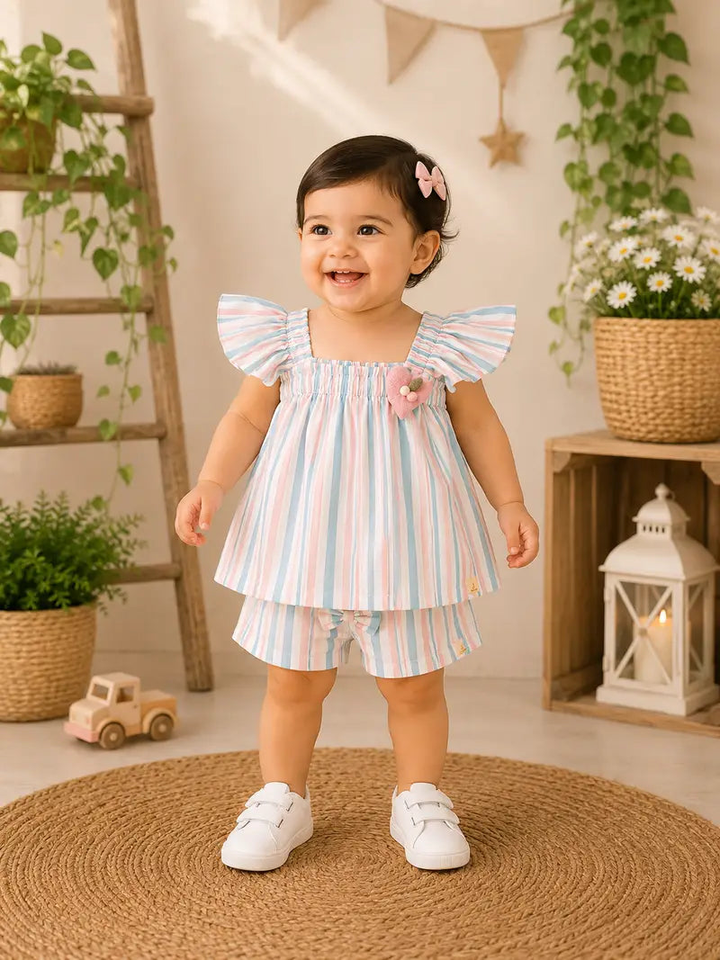 Pastel Stripe Flutter Sleeve Cotton Co-Ord Set for Baby Girls