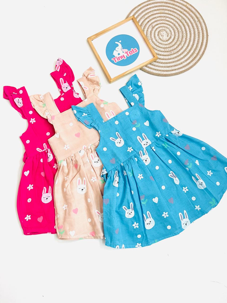 Cute Bunny Print Cotton Frock for Baby Girls – Sky Blue