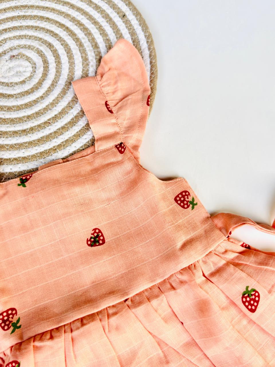 Peach Strawberry Print Muslin Cotton Frock for Baby Girls – Back Button Frock