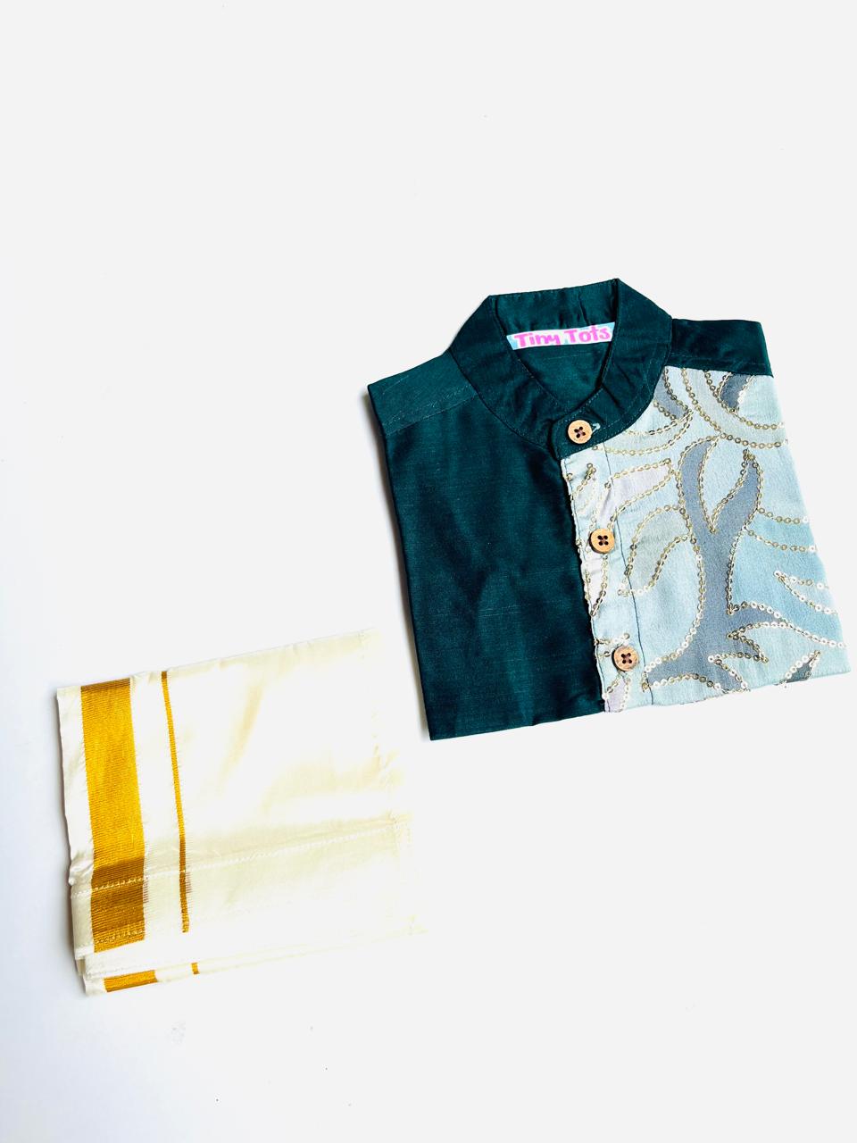 Green Silk Panel Shirt with White Pattu Dhoti for Boys – Traditional Festive Set