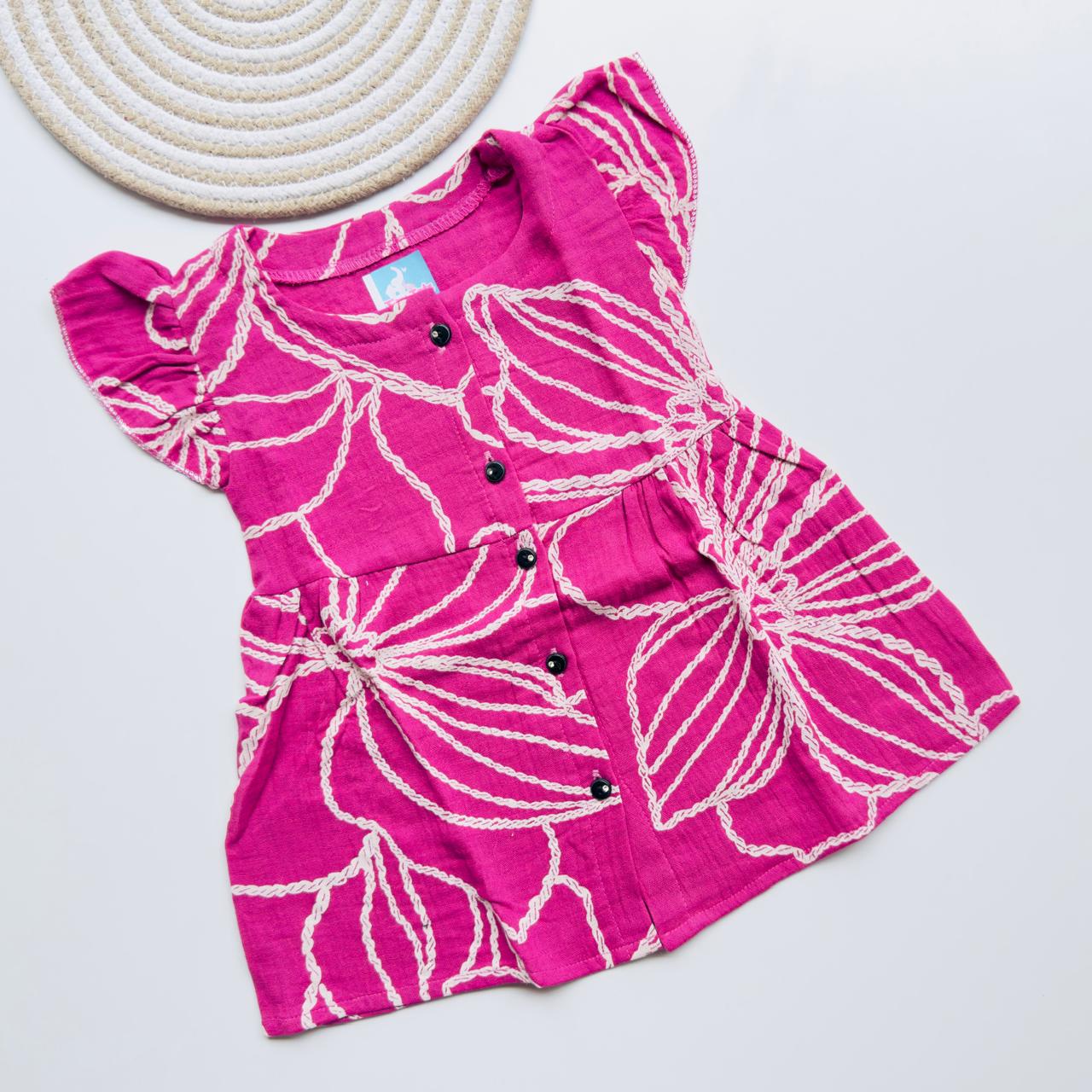 Bright Pink Muslin Frock with White Leaf Print for Girls – Soft, Breathable & Stylish