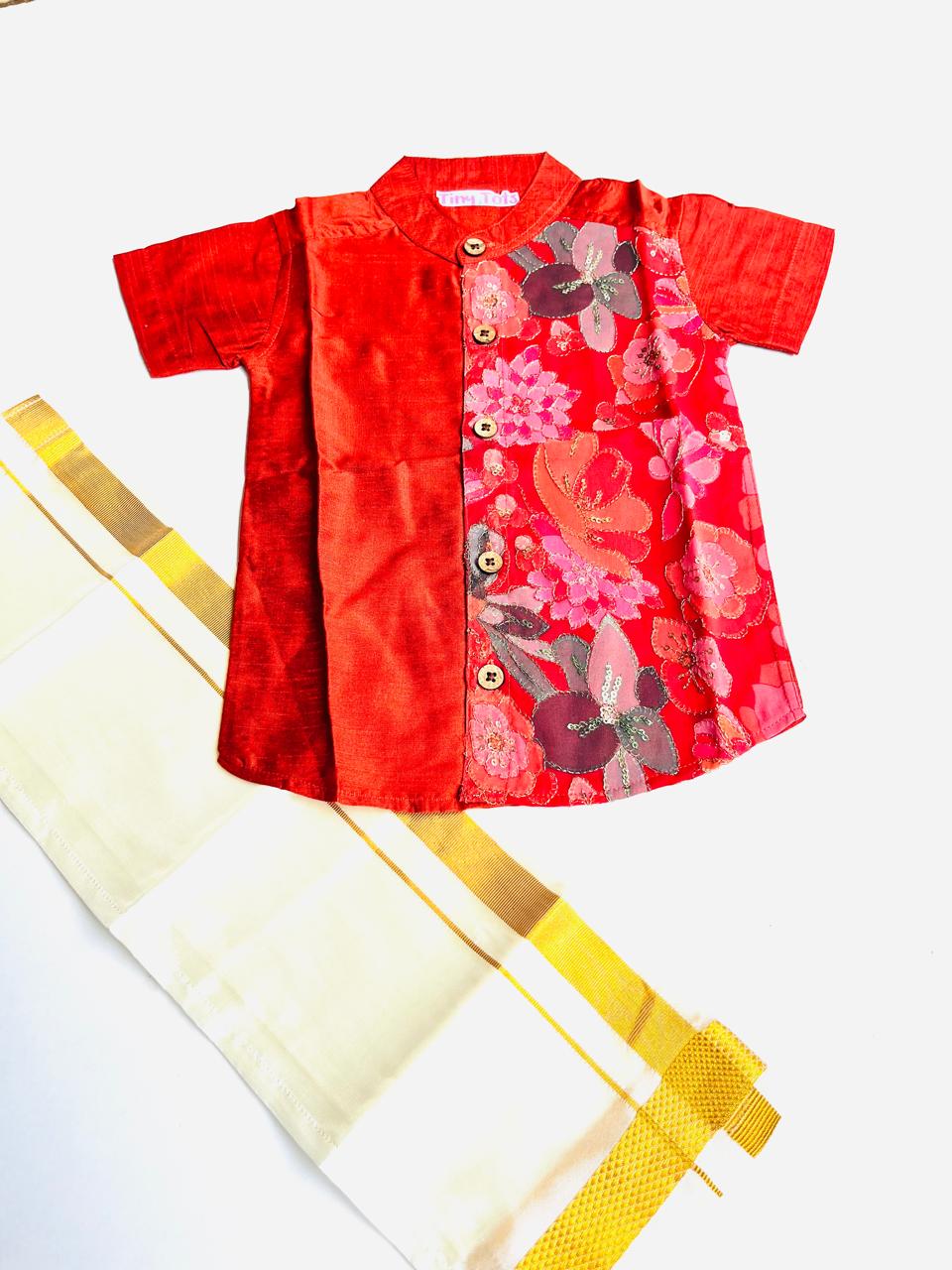 Red Silk Panel Shirt with White Pattu Dhoti for Boys – Traditional Festive Set
