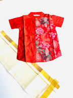 Red Silk Panel Shirt with White Pattu Dhoti for Boys – Traditional Festive Set