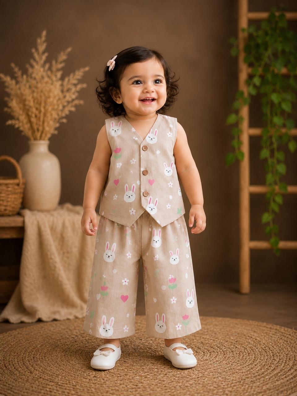 Beige Bunny Print Muslin Cotton Co-Ord Set for Baby Girls