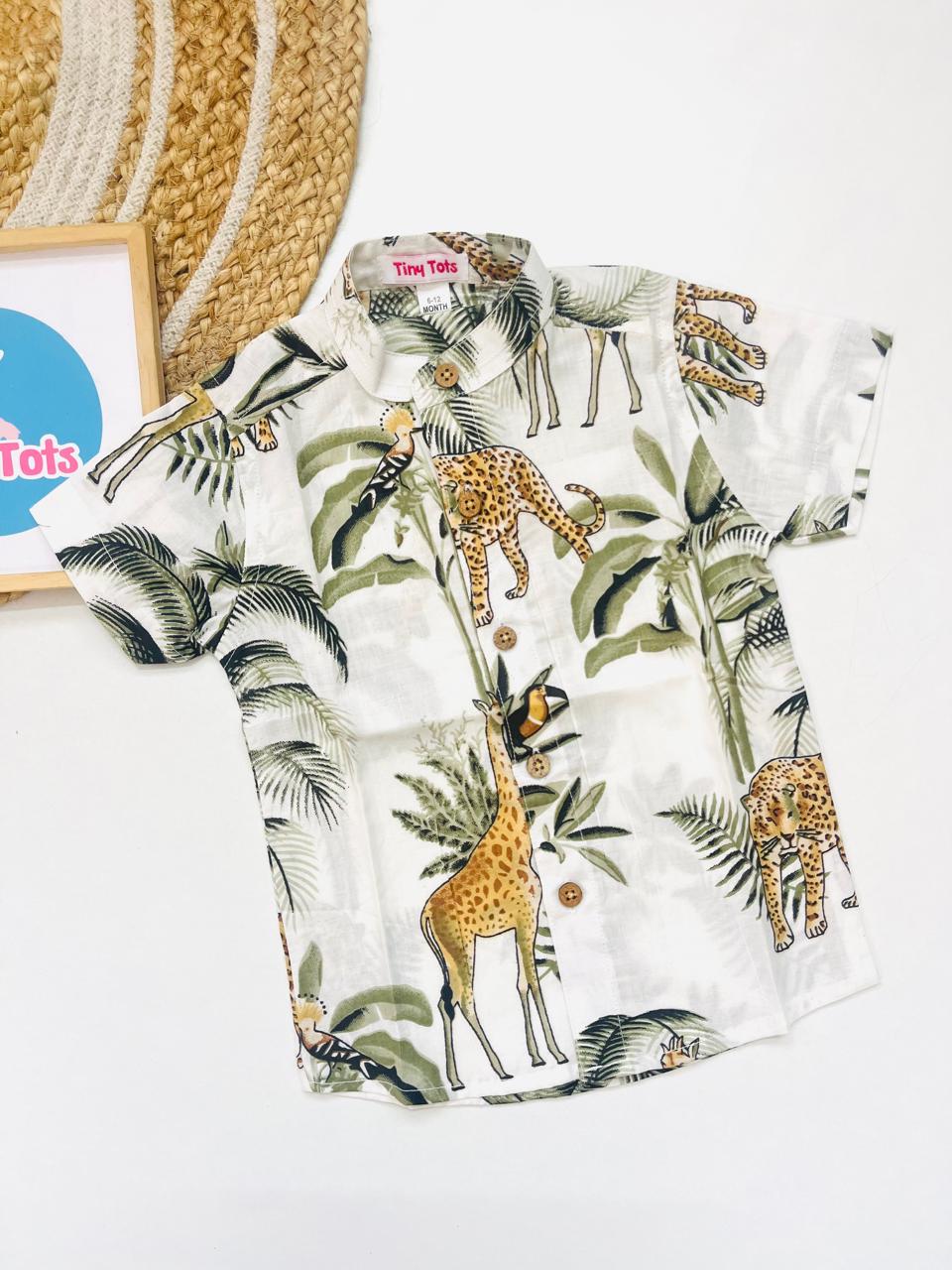 Baby Boy Safari Print Shirt – White Jungle Theme