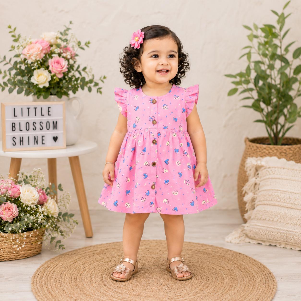 Baby Pink with cute heart Print Cotton Baby Frock – Cute & Comfortable New Collection