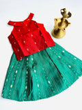 Traditional Raw Silk Pattu Frock Set for Girls – Red & Green with Back Bow