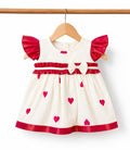 Heart Print Tissue Party Frock with Frill Sleeves & Bow – Red & Ivory