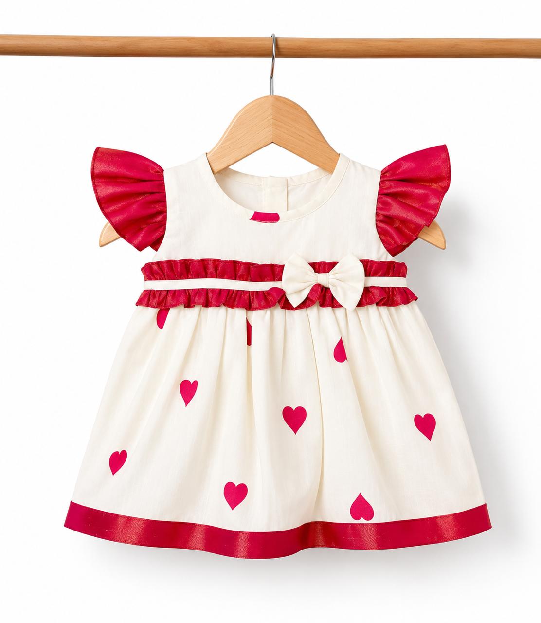 Heart Print Tissue Party Frock with Frill Sleeves & Bow – Red & Ivory