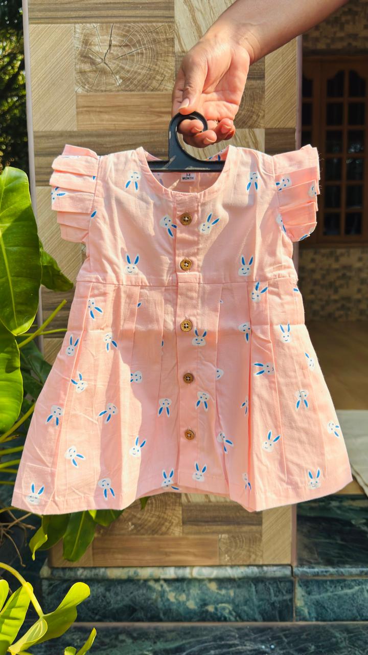 Peach Bunny Print Cotton Baby Frock – Cute & Comfortable New Collection