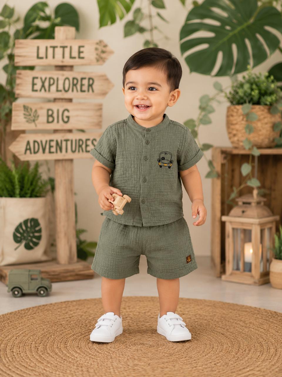 Crinkle Muslin Baby Boys Co-ord Set – Sage Green Shirt & Shorts