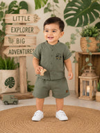Crinkle Muslin Baby Boys Co-ord Set – Sage Green Shirt & Shorts