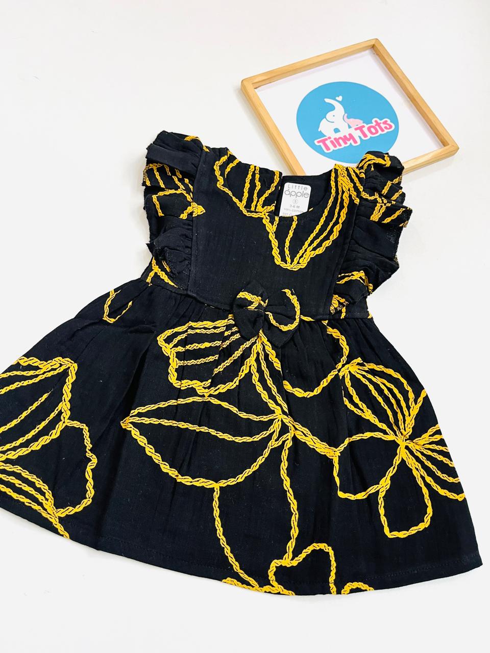 Crinkle Muslin Floral Print Baby Girl Dress with Bow – Black