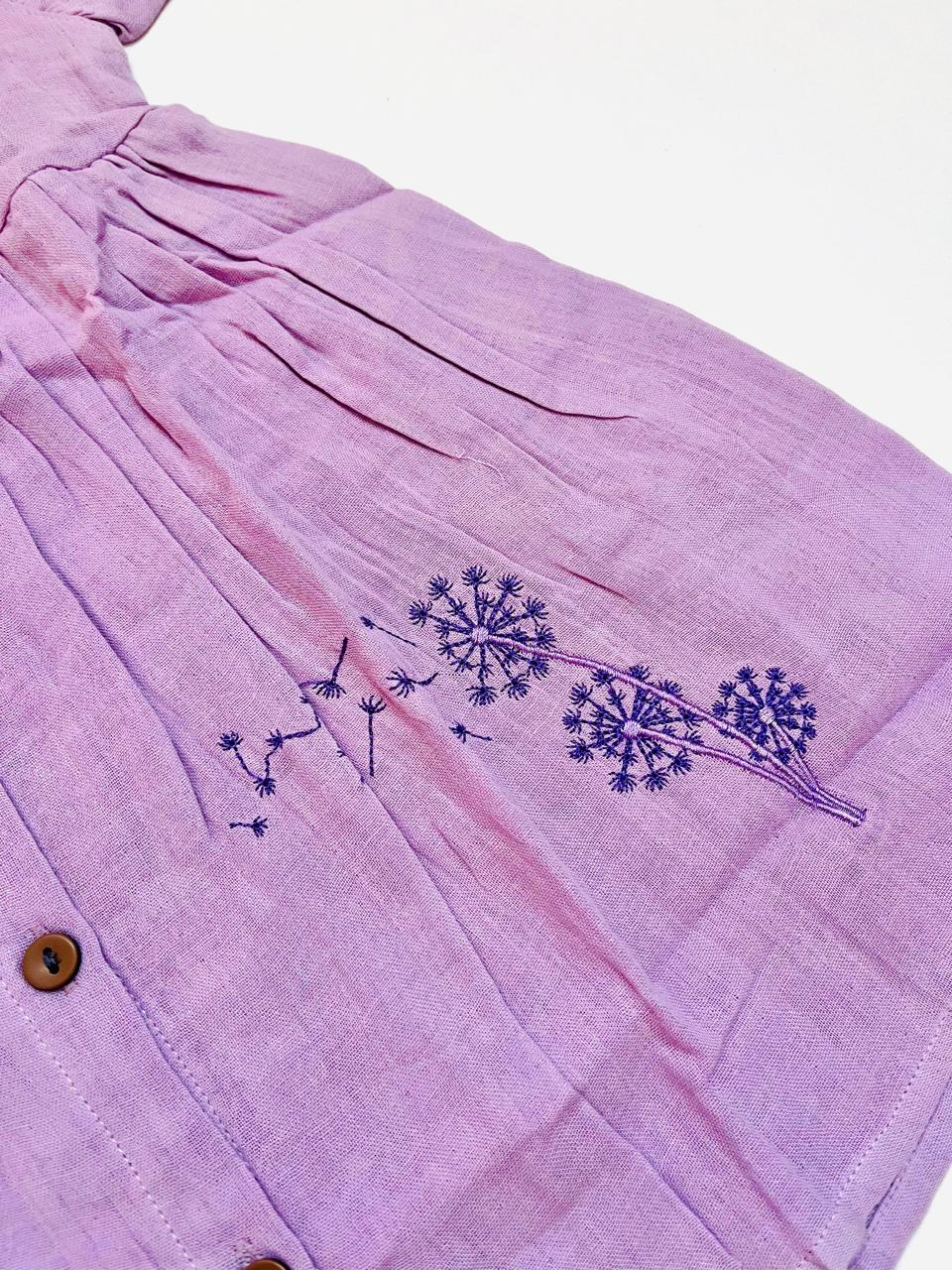 Muslin Front Button Sleeve Frock with Embroidery – Lilac