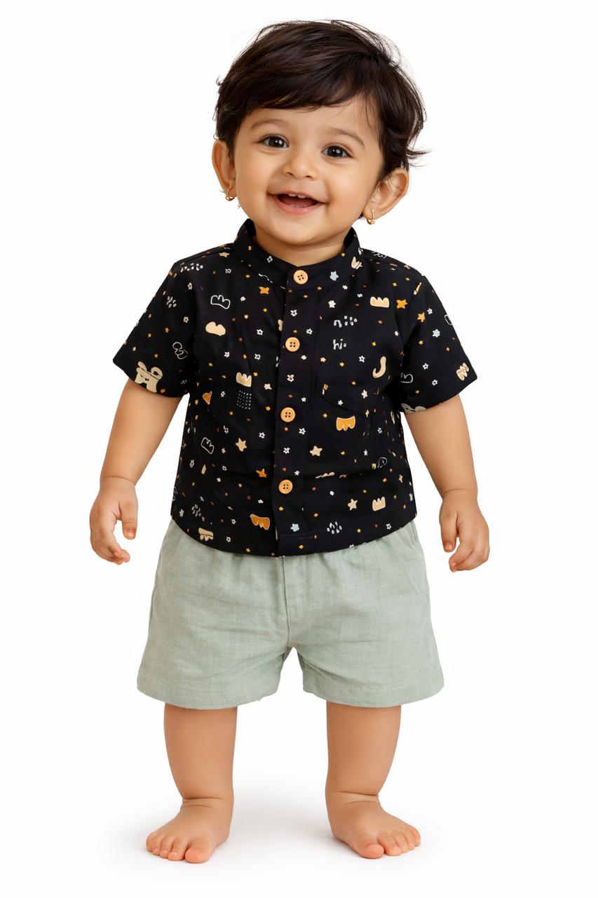 Baby Boy Black Printed Shirt & Shorts Set – Cute Star and Cloud Design