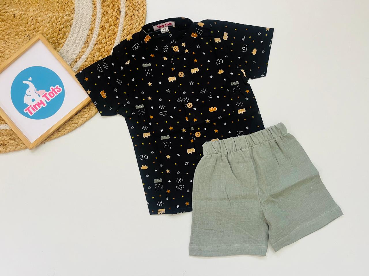 Baby Boy Black Printed Shirt & Shorts Set – Cute Star and Cloud Design