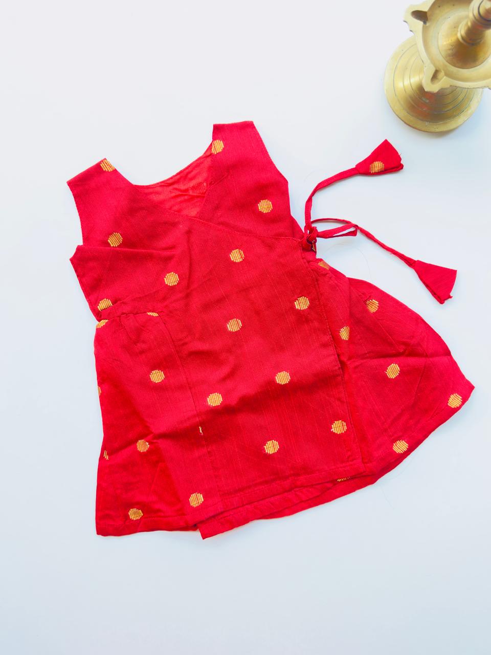 Red Silk Baby Frock with Gold Polka | Side Knot Ethnic Wear