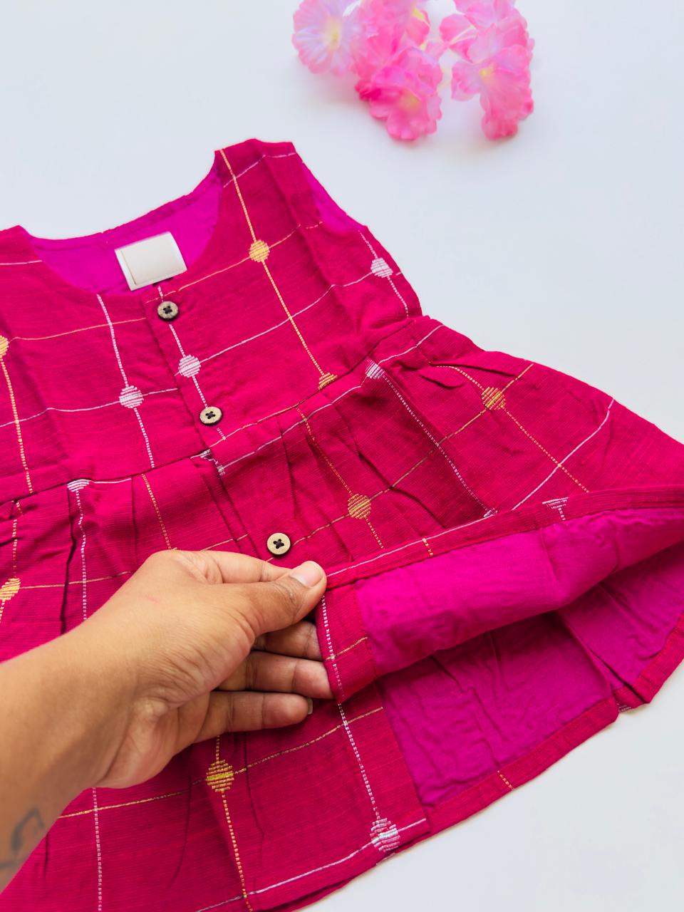 Pink Ethnic Butta Sleeveless Silk Baby Frock With Wooden Buttons