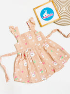 Cute Bunny Print Muslin Cotton Frock for Baby Girls – Beige