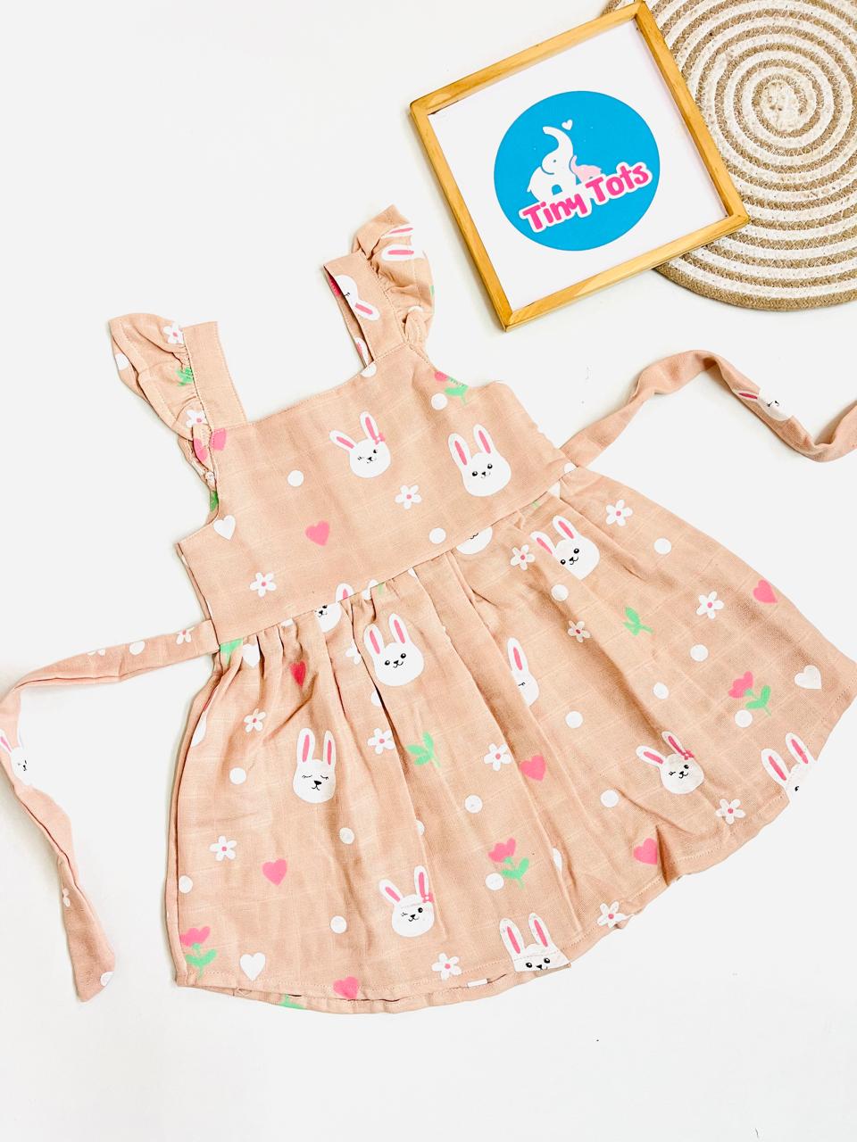 Cute Bunny Print Muslin Cotton Frock for Baby Girls – Beige