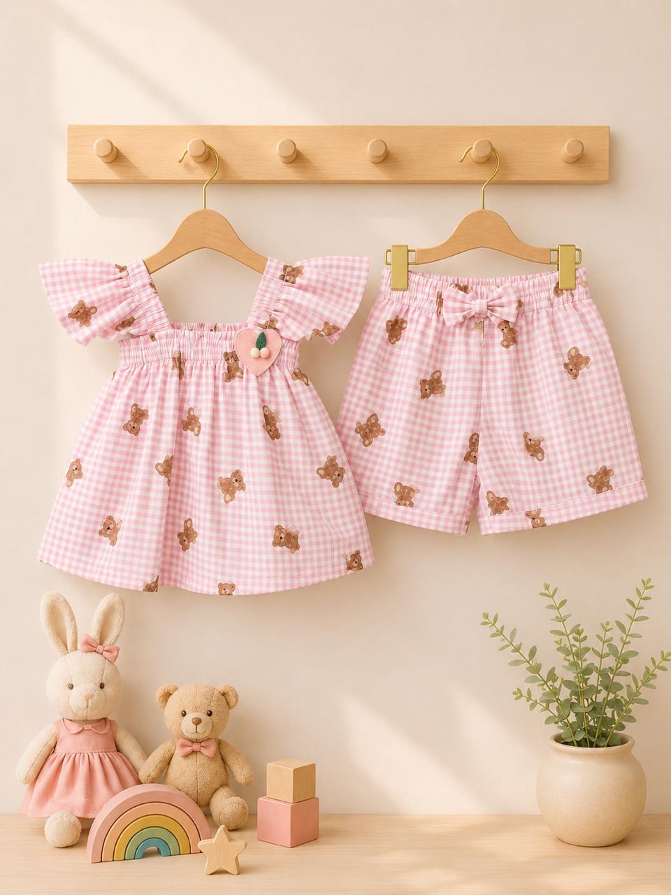 Pink Teddy Bear Gingham Cotton Co-Ord Set for Baby Girls