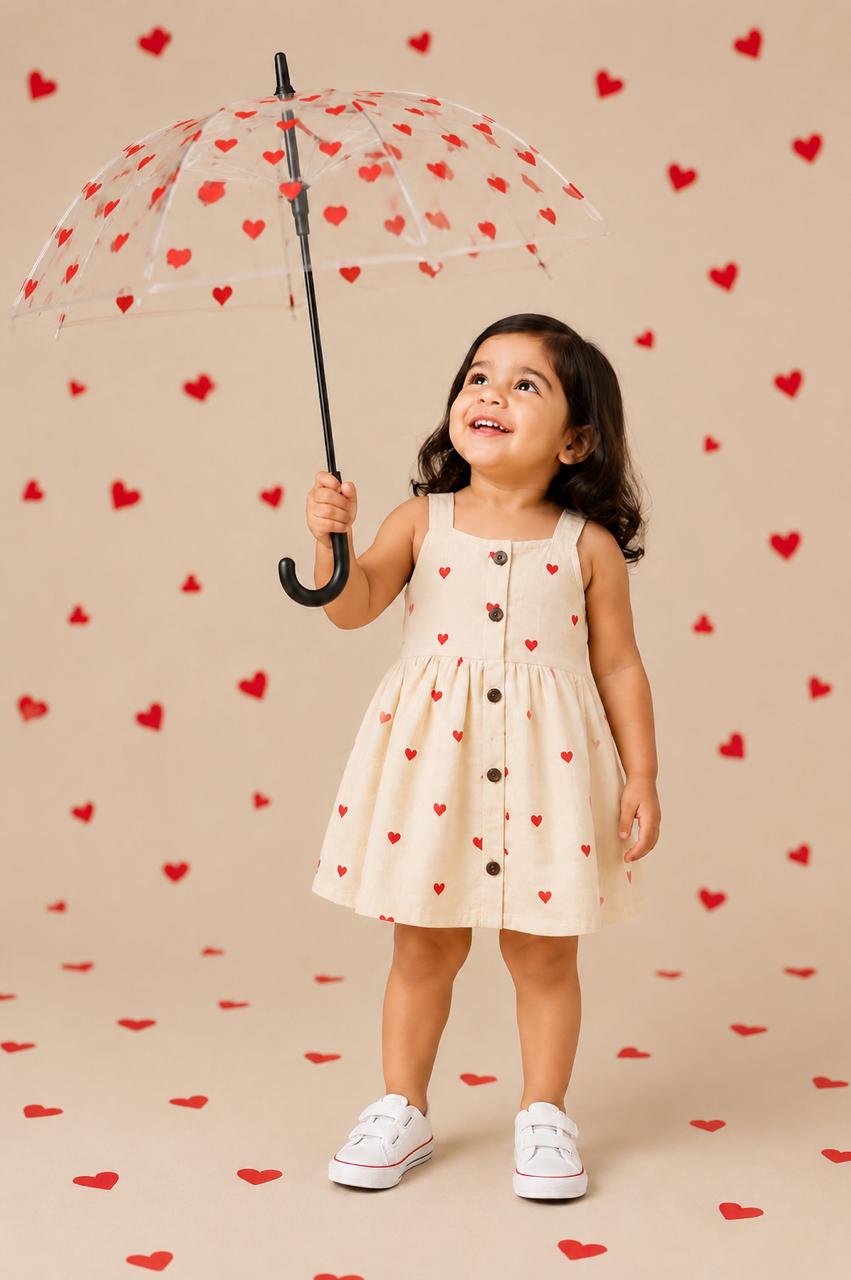 A Cream Red Heart Print – Muslin Ria Frock