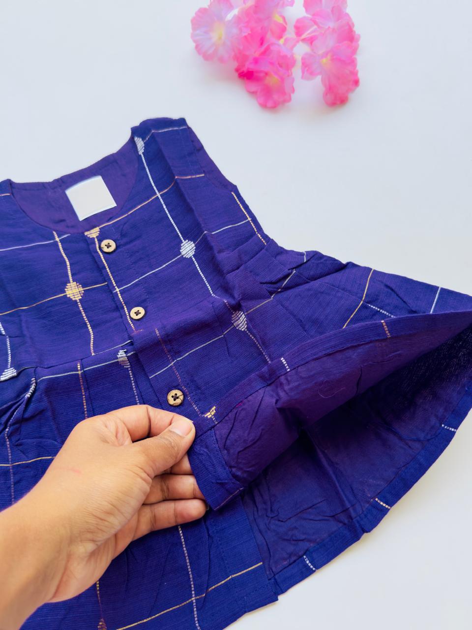 Blue Ethnic Butta Sleeveless Silk Baby Frock With Wooden Buttons