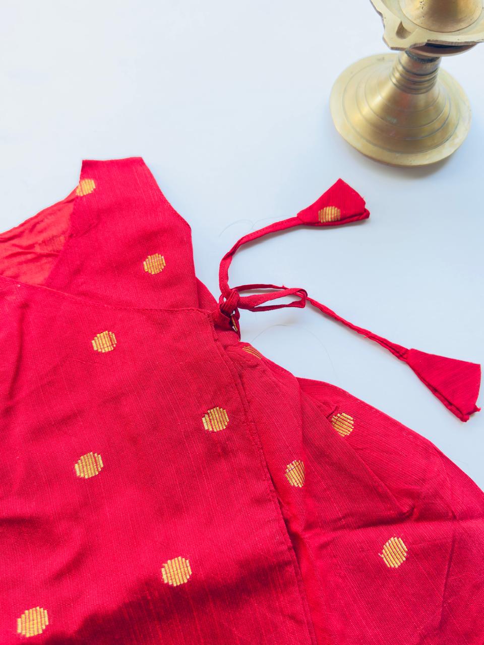 Red Silk Baby Frock with Gold Polka | Side Knot Ethnic Wear