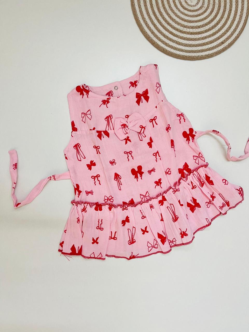 Pink Bow Print Muslin Frill Top for Baby Girls – Back Button Frock