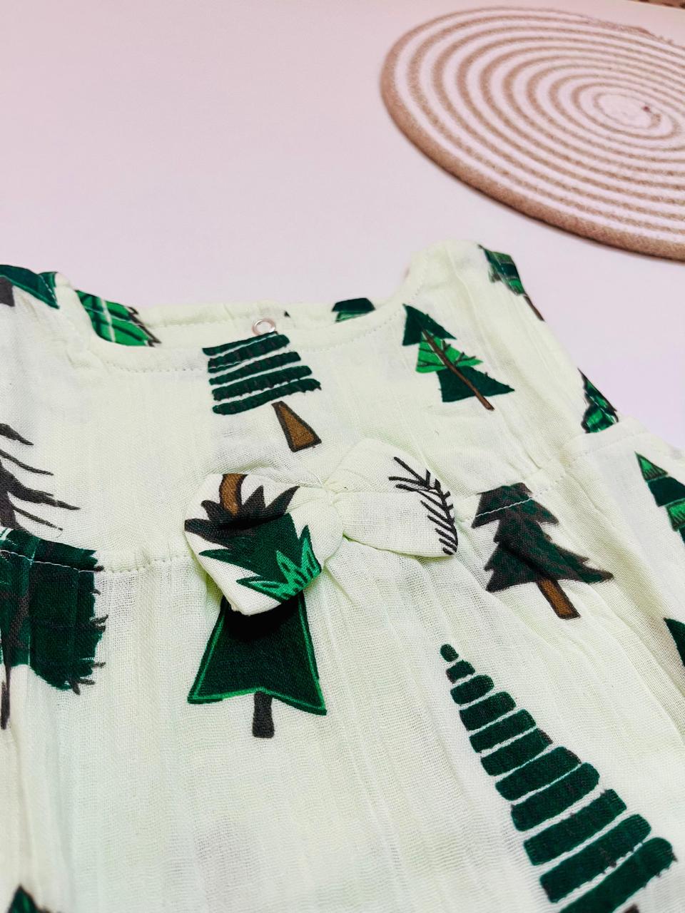Green Pine Tree Print Muslin Frill Top for Baby Girls – Back Button Frock