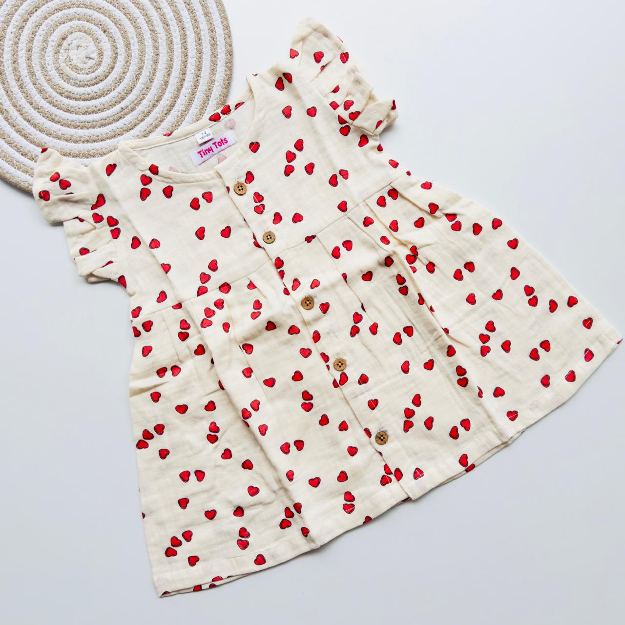 Crinkle Muslin Heart Print Baby Frock – Soft, Breathable & Stylish