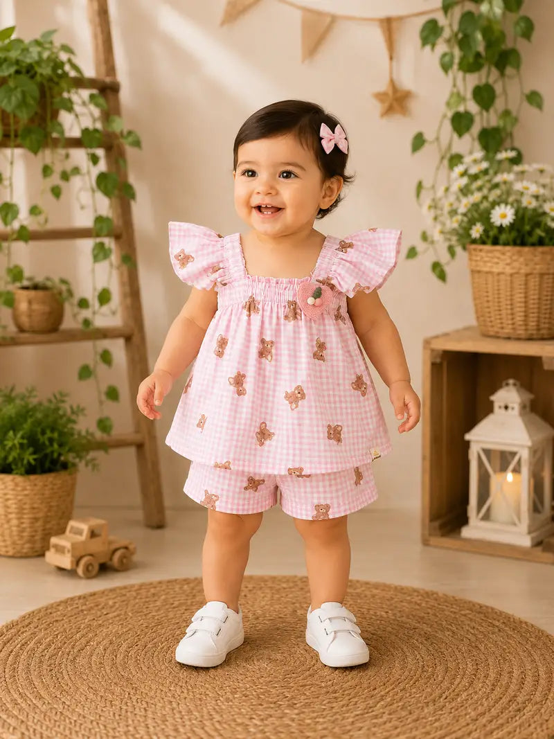 Pink Teddy Bear Gingham Cotton Co-Ord Set for Baby Girls