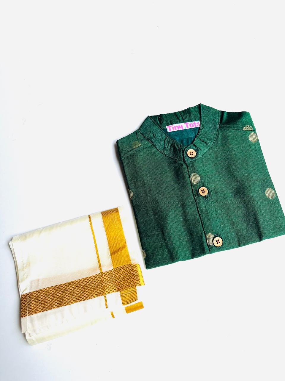 Bottle Green Silk Butta Shirt with White Pattu Dhoti for Boys – Traditional Festive Set