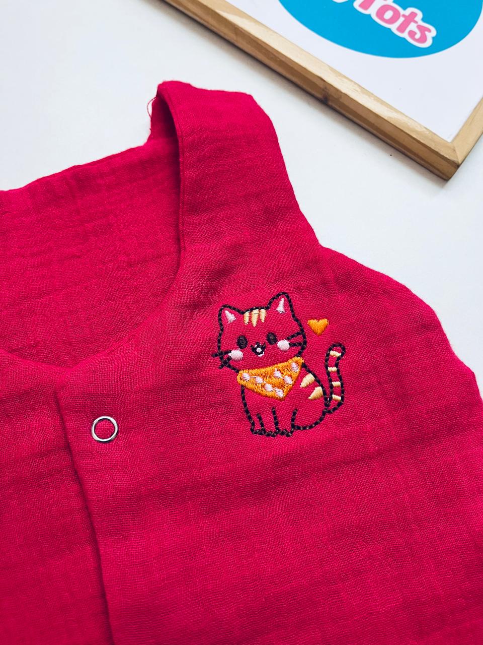 Crinkle Muslin Vest – With Cat Embroidery