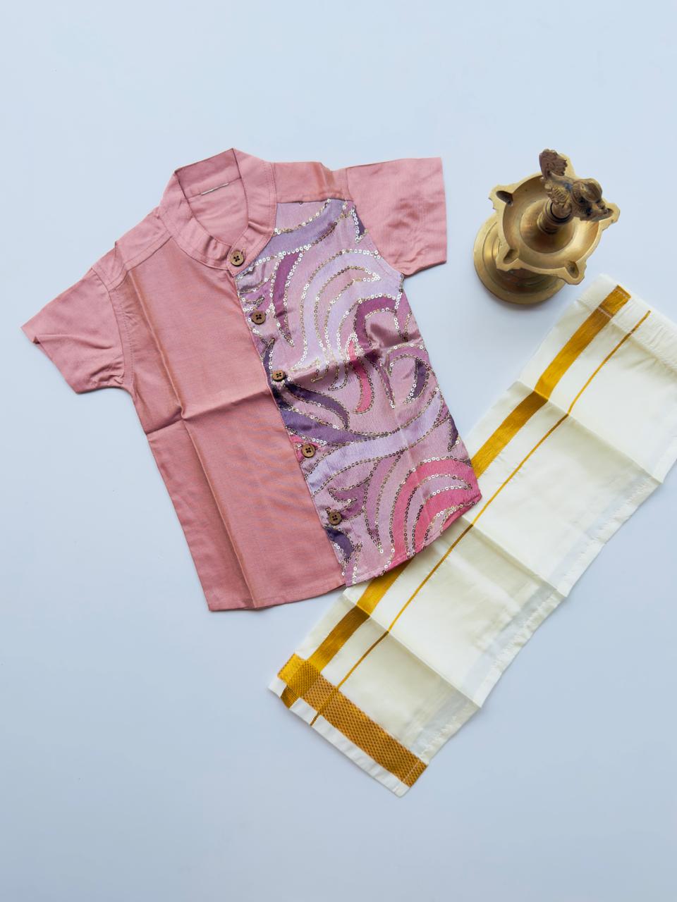 Peach Silk Panel Shirt with White Pattu Dhoti for Boys – Traditional Festive Set