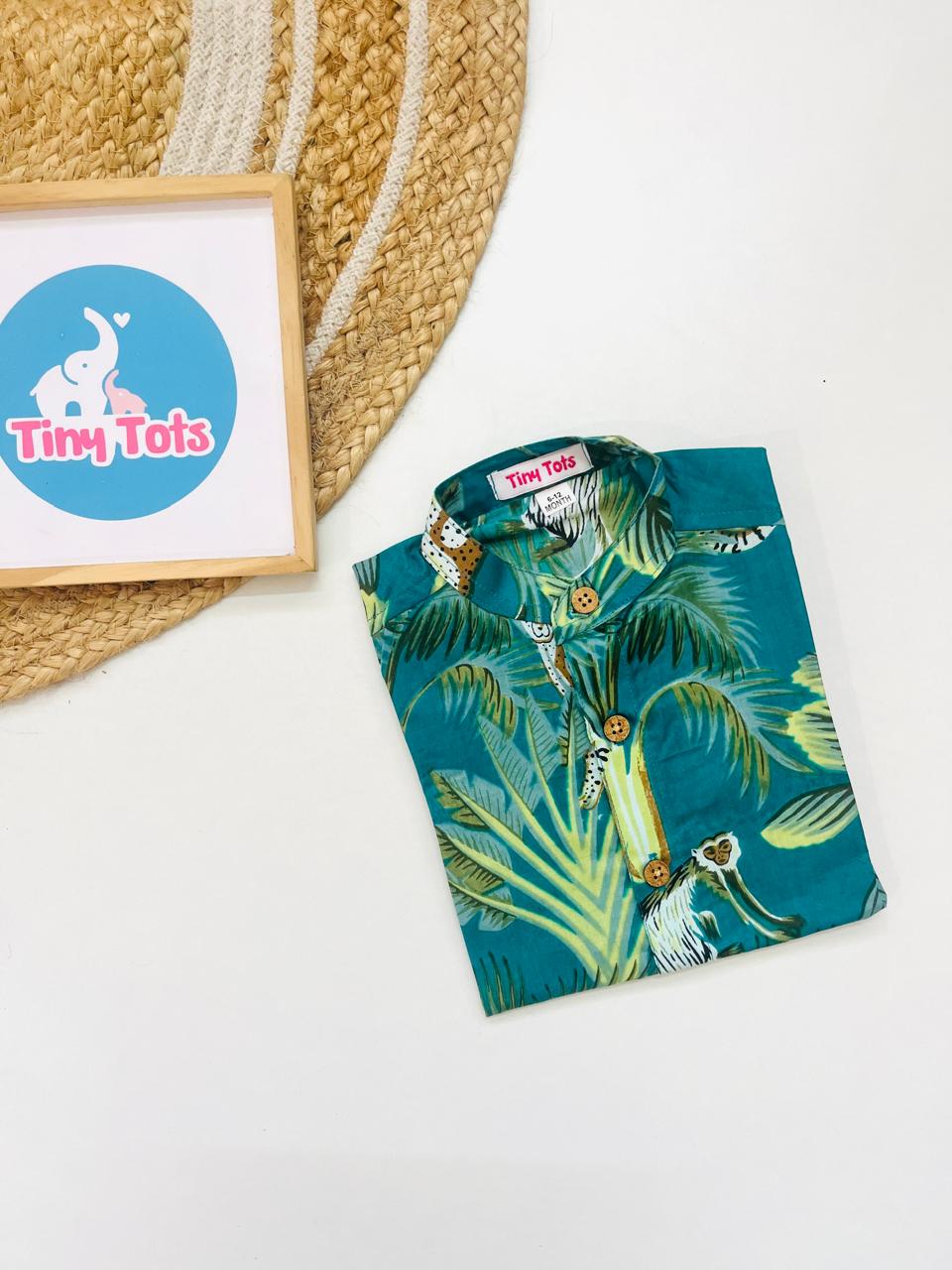 Baby Boy Jungle Print Shirt – Teal Green Safari Theme