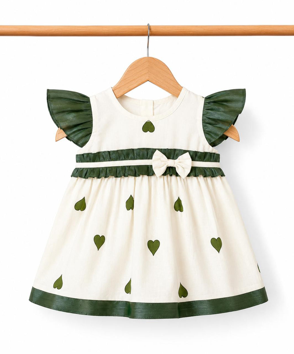 Heart Print Tissue Party Frock with Soft Cotton Lining – Olive Green & Ivory