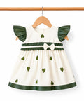 Heart Print Tissue Party Frock with Soft Cotton Lining – Olive Green & Ivory