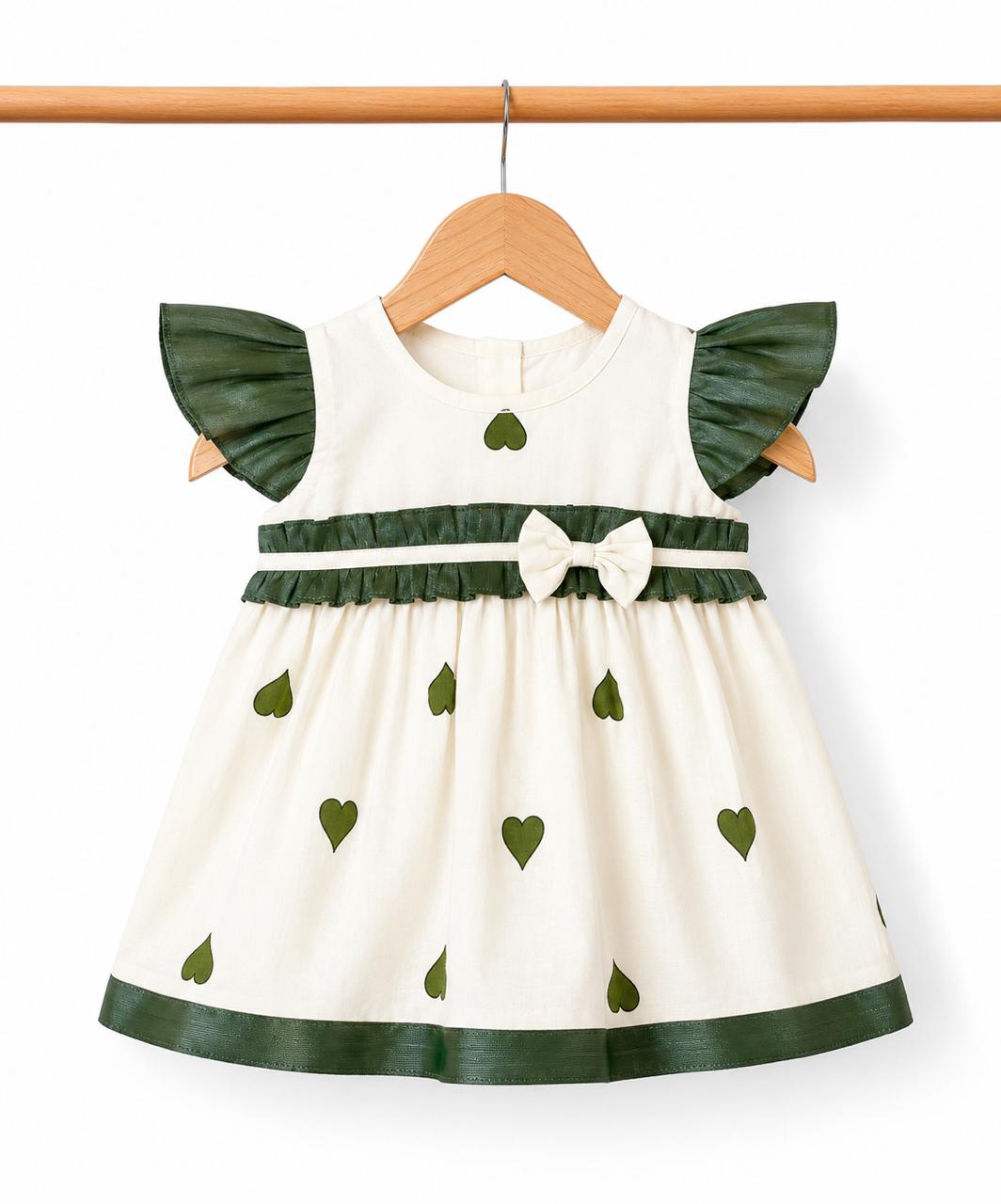 Heart Print Tissue Party Frock with Soft Cotton Lining – Olive Green & Ivory