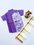 Lavender Silk Panel Shirt with White Pattu Dhoti for Boys – Traditional Festive Set