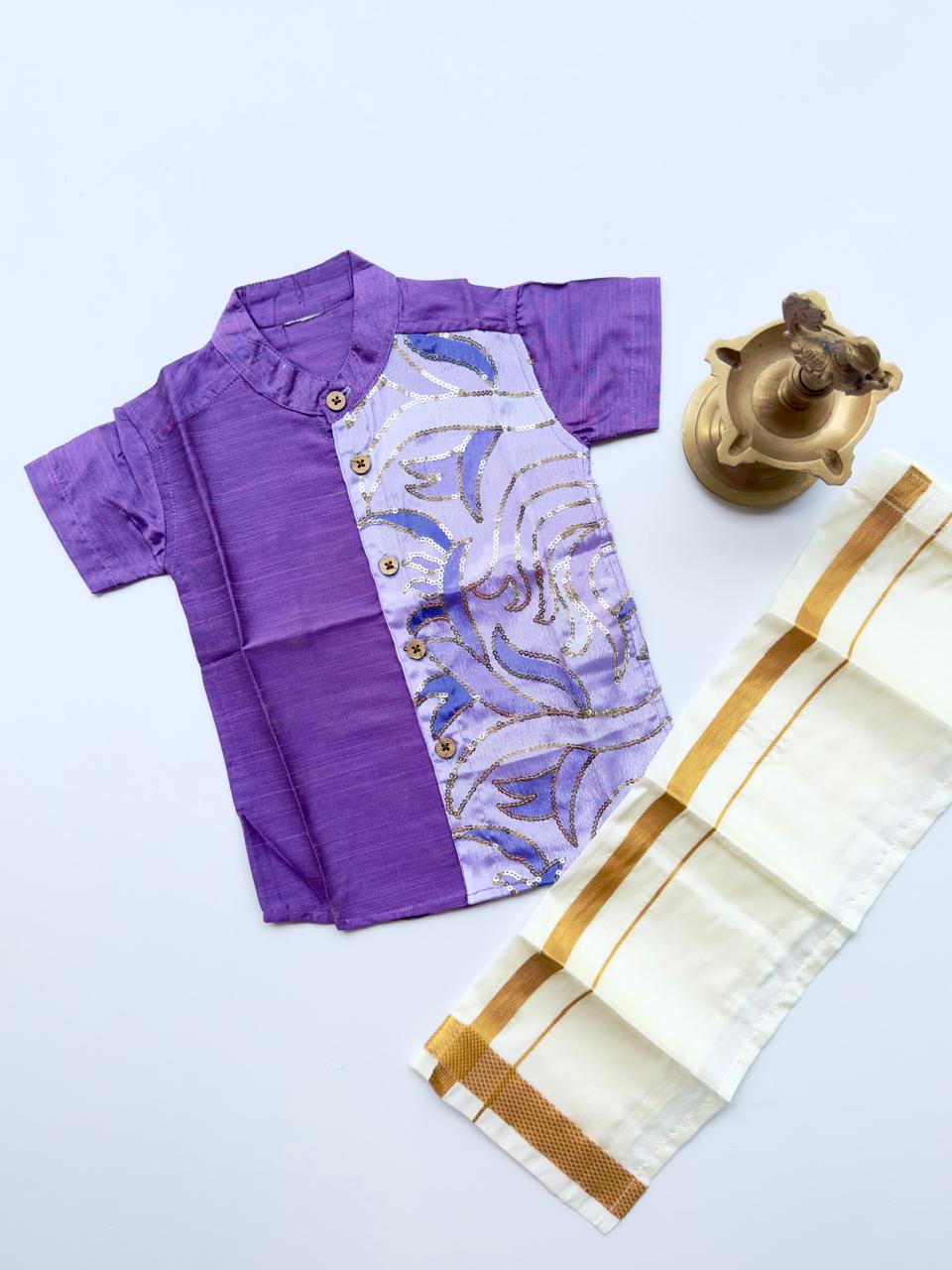 Lavender Silk Panel Shirt with White Pattu Dhoti for Boys – Traditional Festive Set