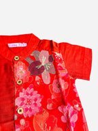 Red Silk Panel Shirt with White Pattu Dhoti for Boys – Traditional Festive Set