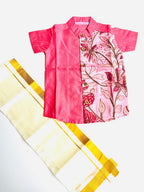 Hot Pink Silk Panel Shirt with White Pattu Dhoti for Boys – Traditional Festive Set