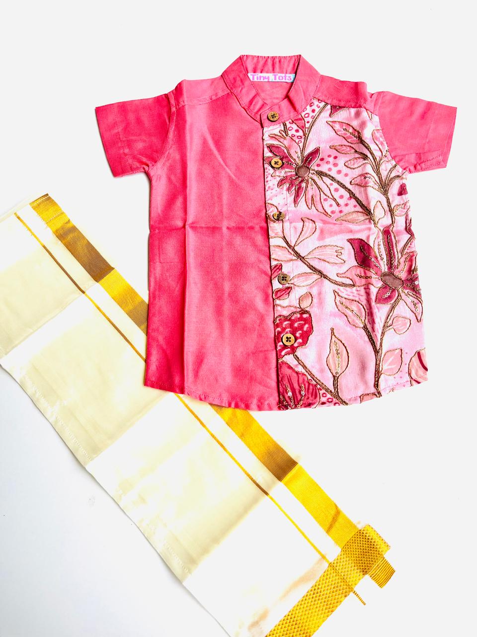 Hot Pink Silk Panel Shirt with White Pattu Dhoti for Boys – Traditional Festive Set