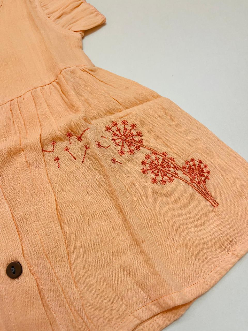 Muslin Front Button Sleeve Frock with Embroidery– Orange