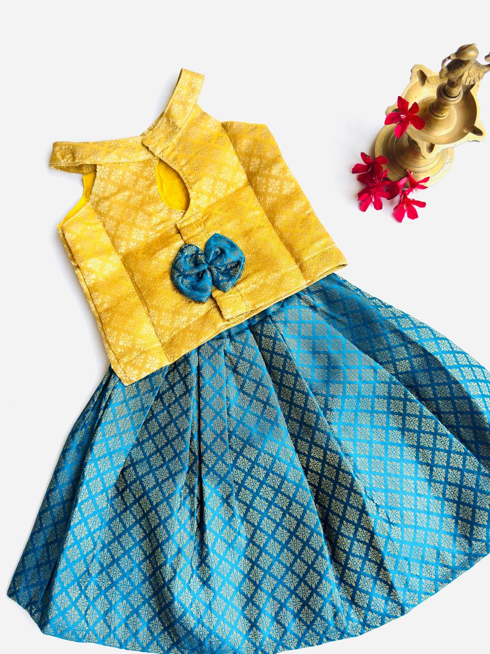Banarasi Pattu Pavadai Set – Golden Yellow & Peacock Blue