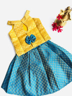 Banarasi Pattu Pavadai Set – Golden Yellow & Peacock Blue