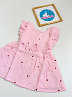 Crinkle Muslin Heart Print Baby Girl Dress with Bow – Baby Pink