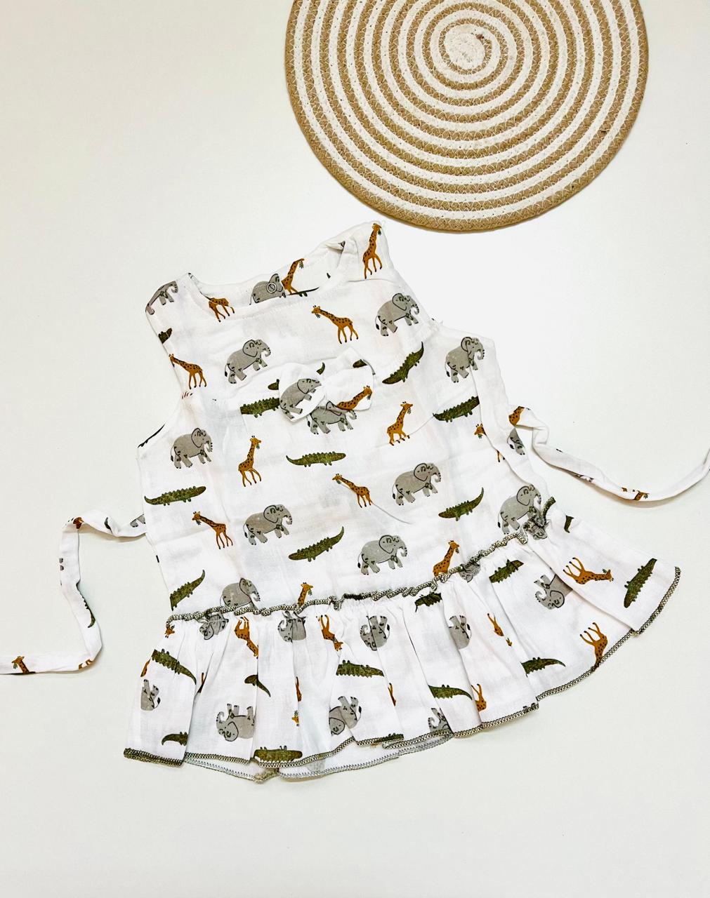 White Safari Animal Print Muslin Frill Top for Baby Girls – Back Button Frock