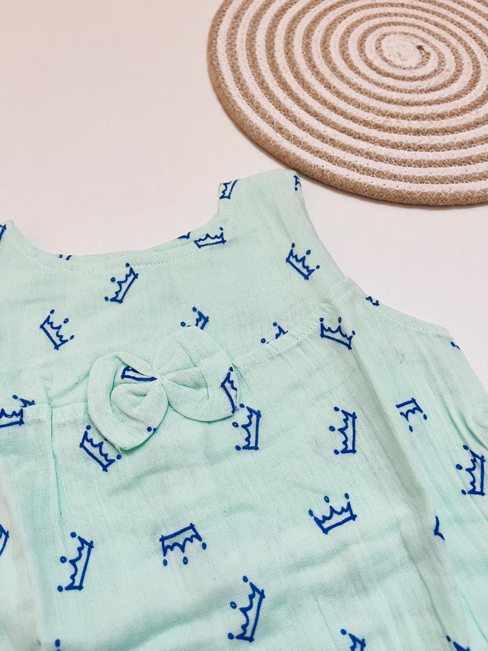 Mint Green Crown Print Muslin Frill Top for Baby Girls – Back Button Frock